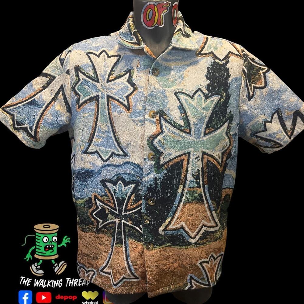 Rebel Vengeance Woven Tapestry Cross Button Up Size Large